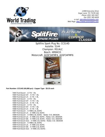 Splitfire Spark Plug No. CC514D Autolite: 5144 Champion: RS14LC ...