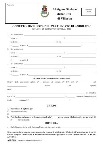 oggetto: richiesta del certificato di agibilita - Comune di Villorba