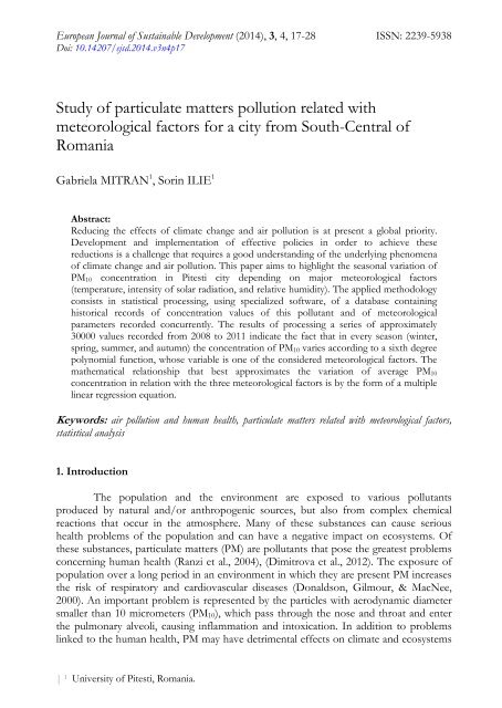 Study of particulate matters pollution related with meteorological factors for a city from South-Central of Romania