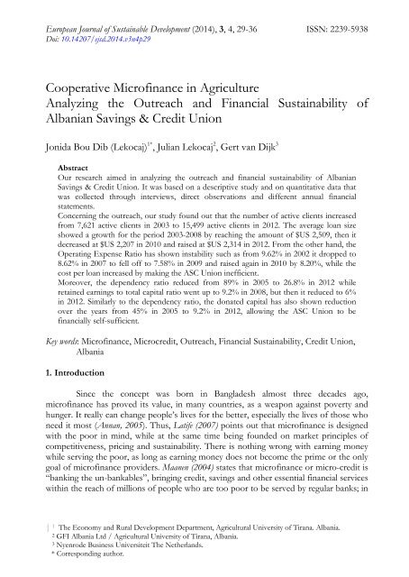 Cooperative Microfinance in Agriculture Analyzing the Outreach and Financial Sustainability of Albanian Savings & Credit Union