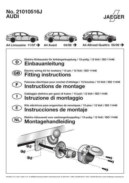 AUDI No. 21010516J Einbauanleitung Fitting instructions ...