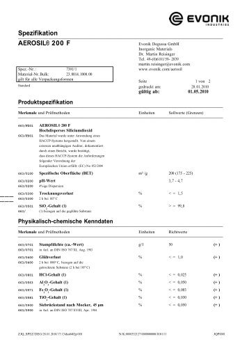 Spezifikation AEROSILÂ® 200 F - Reininghaus