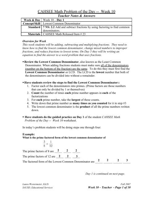 CAHSEE Math Problem of the Day -- Week 10