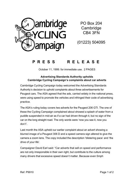 Cambridge Cycling Campaign Press release