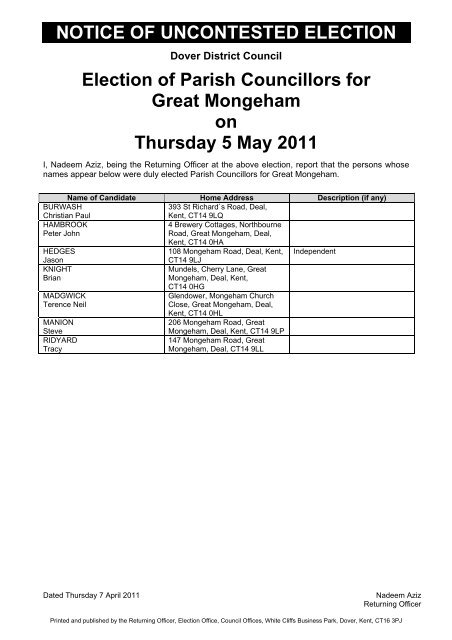 Parish Council (Uncontested) - 5 May 2011 - Dover District Council