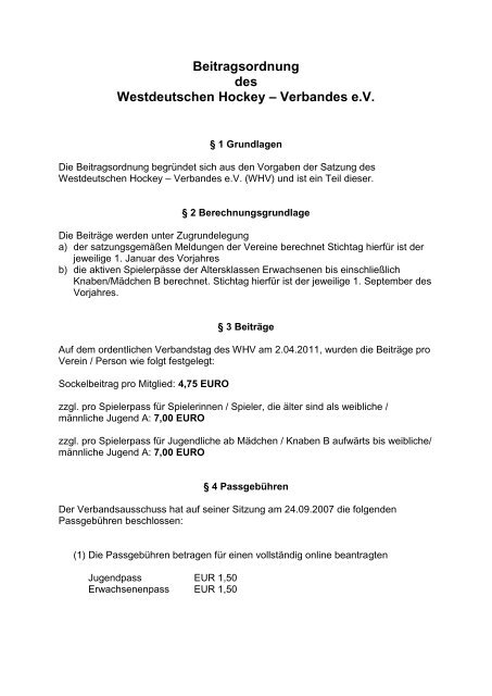 Beitragsordnung des WHV - Deutscher Hockey Bund e.V.