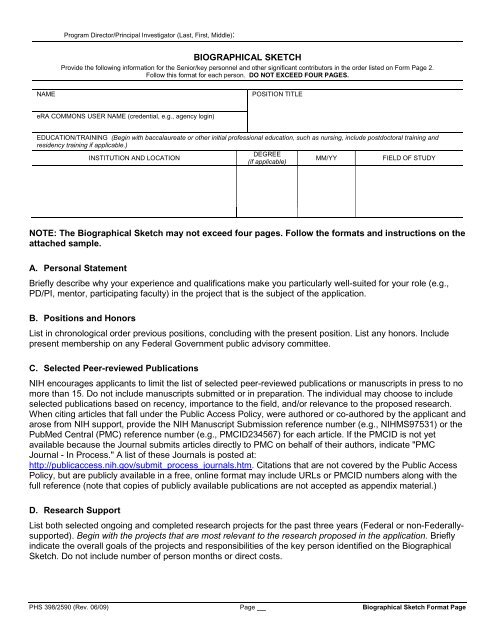 SF424RampR Biographical Sketch Format Page  School of Nursing 