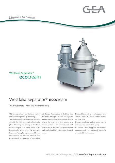 Westfalia SeparatorÃ‚Â® ecocream - GEA Westfalia Separator Group