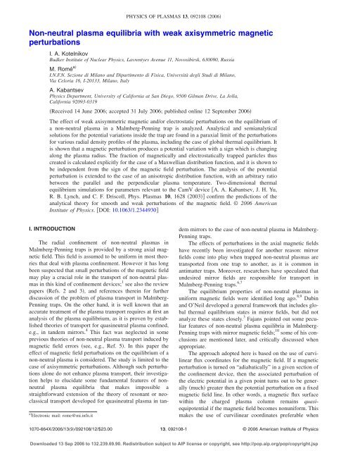 Non-neutral plasma equilibria with weak axisymmetric magnetic ...