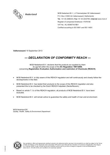 DECLARATION OF CONFORMITY REACH - MCB Nederland B.V.