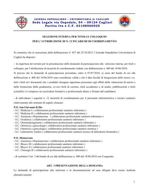 Bando selezione per attribuzione n. 12 incarichi di ... - AouCagliari