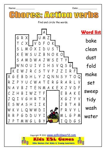 Chores action verbs wordsearch - ESL Kids World