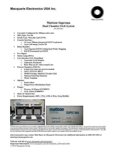 Macquarie Electronics USA Inc. Mattson Suprema