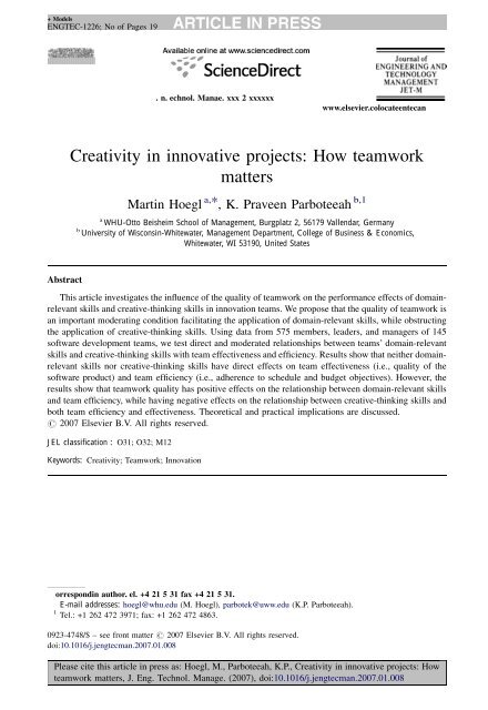 Creativity in innovative projects: How teamwork matters