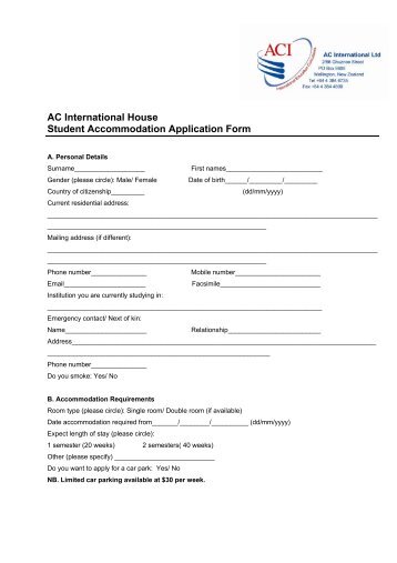 AC International House Student Accommodation Application Form