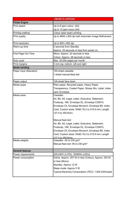 Download i-SENSYS LBP5050 - Specification Sheet - Canon