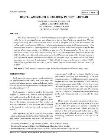 Dental anomalies in children in North Jordan - Pakistan Oral and ...