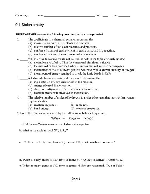 Worksheet 9.1 Stoichiometry