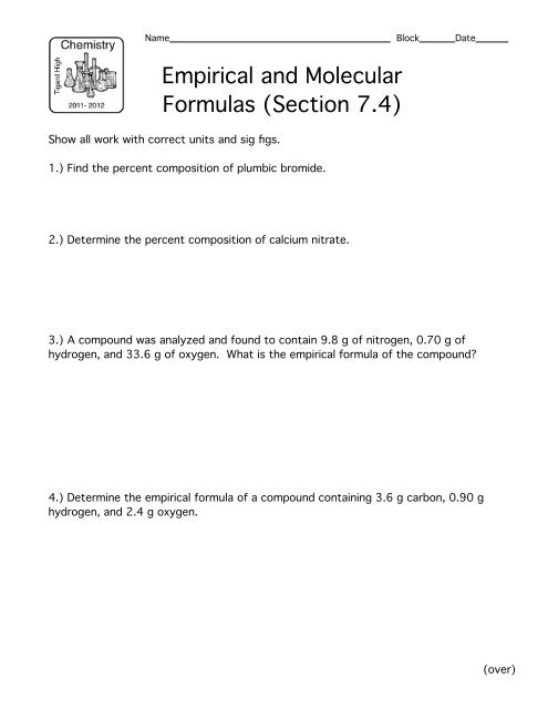 Worksheet: Empirical and Molecular Formulas