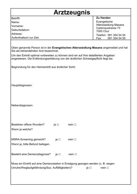 Formular Arztzeugnis/EntbindungserklÃ¤rung von der Ã¤rztl ...