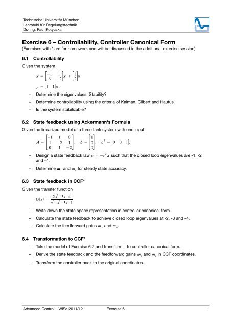 Exercise 6 â Controllability, Controller Canonical Form