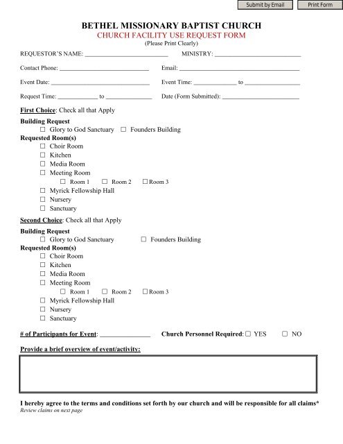 Church Facility Request Form - Bethel Missionary Baptist Church