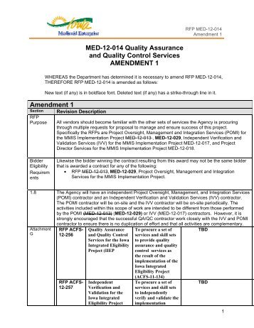 Amendment 1 to RFP MED-12-014 - Iowa Medicaid Enterprise