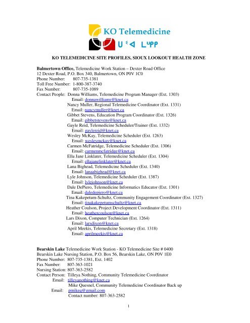 KO TELEMEDICINE SITE PROFILES, SIOUX LOOKOUT HEALTH ...