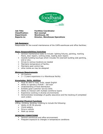Job Title: Facilities Coordinator Classification - Capital Area Food ...