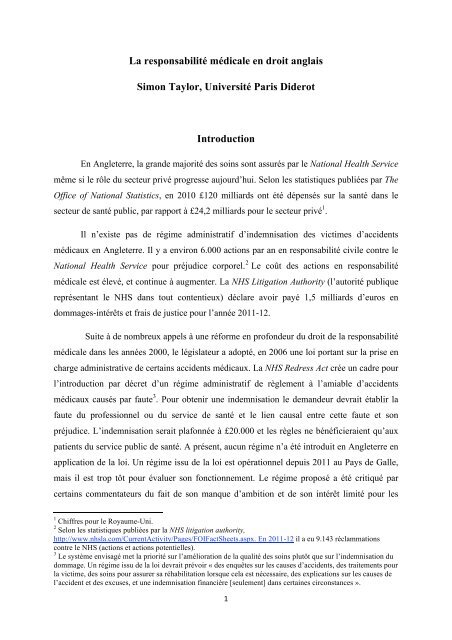 La responsabilitÃ© mÃ©dicale en droit anglais Simon Taylor ... - Grerca