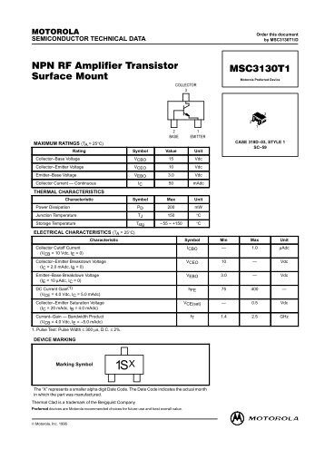 NPN RF Amplifier Transistor Surface Mount MSC3130T1 - Datasheets