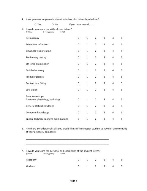 Questionnaire and assessment sheet for the internship