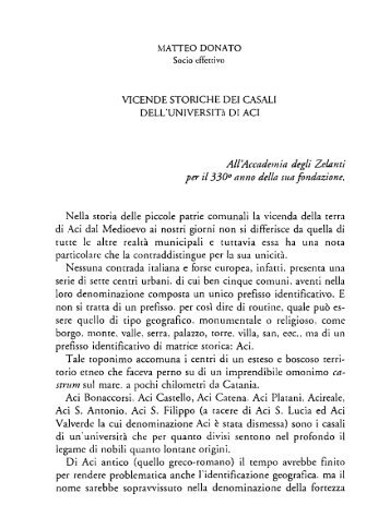 Donato M., Vicende storiche dei Casali dell'UniversitÃ  di Aci