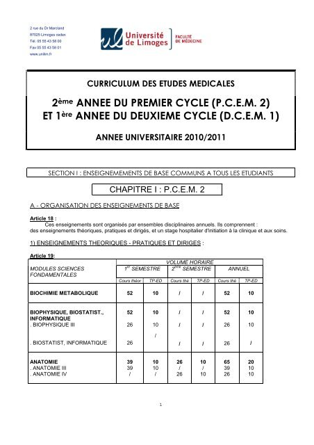 2ème ANNEE DU PREMIER CYCLE (PCEM 2) - Faculté de ...