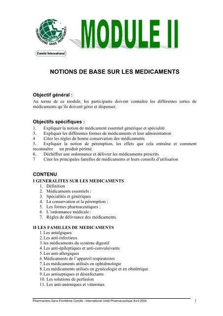 Module II notion de base médicaments - Pharmaciens Sans Frontières