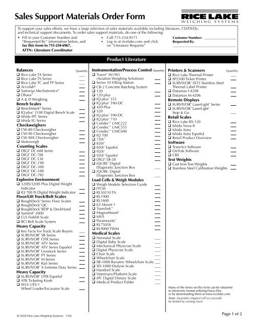 Sales Support Materials Order Form - Rice Lake Weighing Systems