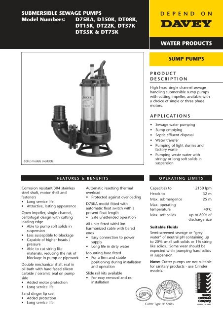 SUBMERSIBLE SEWAGE PUMPS Model Numbers ... - Davey Pumps