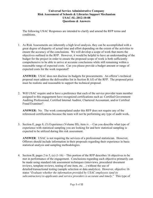 Schools & Libraries Risk Assessment Questions & Answers