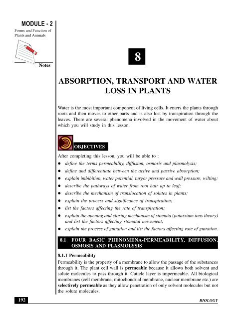 ABSORPTION, TRANSPORT AND WATER LOSS IN PLANTS ABSORPTION, TRANSPORT AND WATER LOSS IN PLANTS