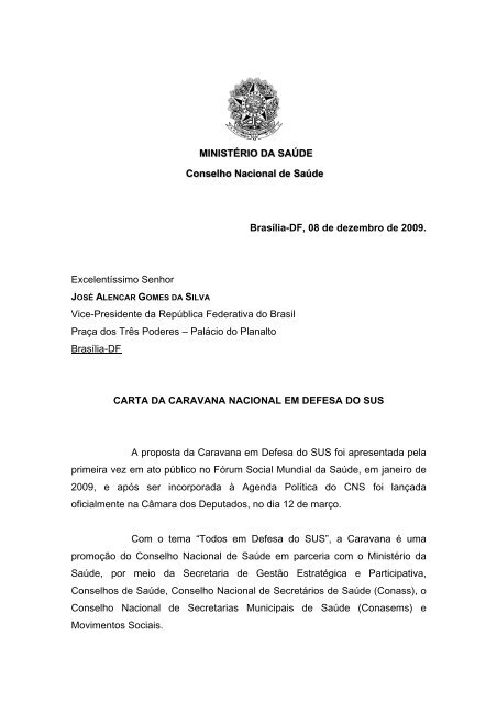 Carta Ã  PresidÃªncia - Conselho Nacional de SaÃºde - MinistÃ©rio da ...