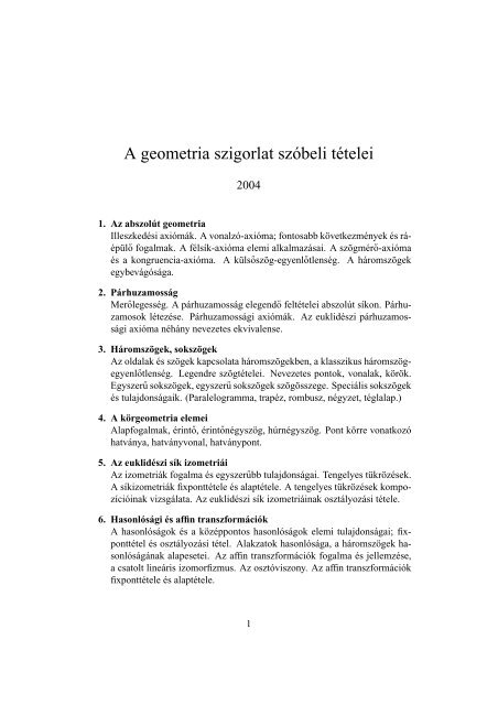 A geometria szigorlat szÃ³beli tÃ©telei