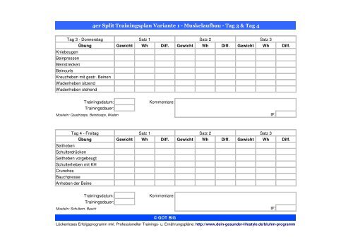 4er Split Trainingsplan Variante 1 - Muskelaufbau - Tag 1