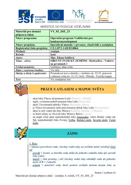 VY_03_Z6E_23, HydrosfÃ©ra - Vodstvo na pevninÃ¡ch 1.pdf