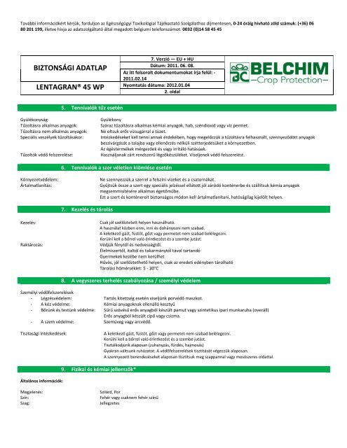 Lentagran biztonsÃƒÂ¡gtecnikai adatlap - Belchim Crop Protection