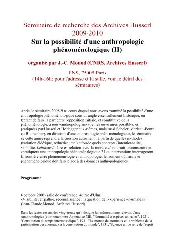 Sur la possibilitÃ© d'une anthropologie phÃ©nomÃ©nologique (II) - Ens