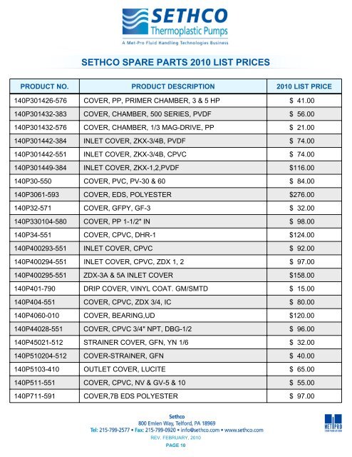 sethco spare parts 2010 list prices - Pristine Water Solutions Inc.