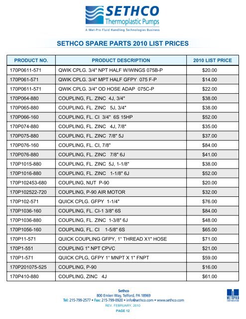 sethco spare parts 2010 list prices - Pristine Water Solutions Inc.