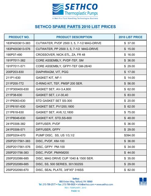sethco spare parts 2010 list prices - Pristine Water Solutions Inc.