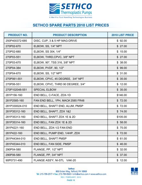 sethco spare parts 2010 list prices - Pristine Water Solutions Inc.