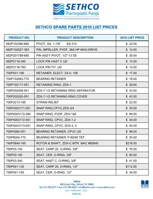 sethco spare parts 2010 list prices - Pristine Water Solutions Inc.